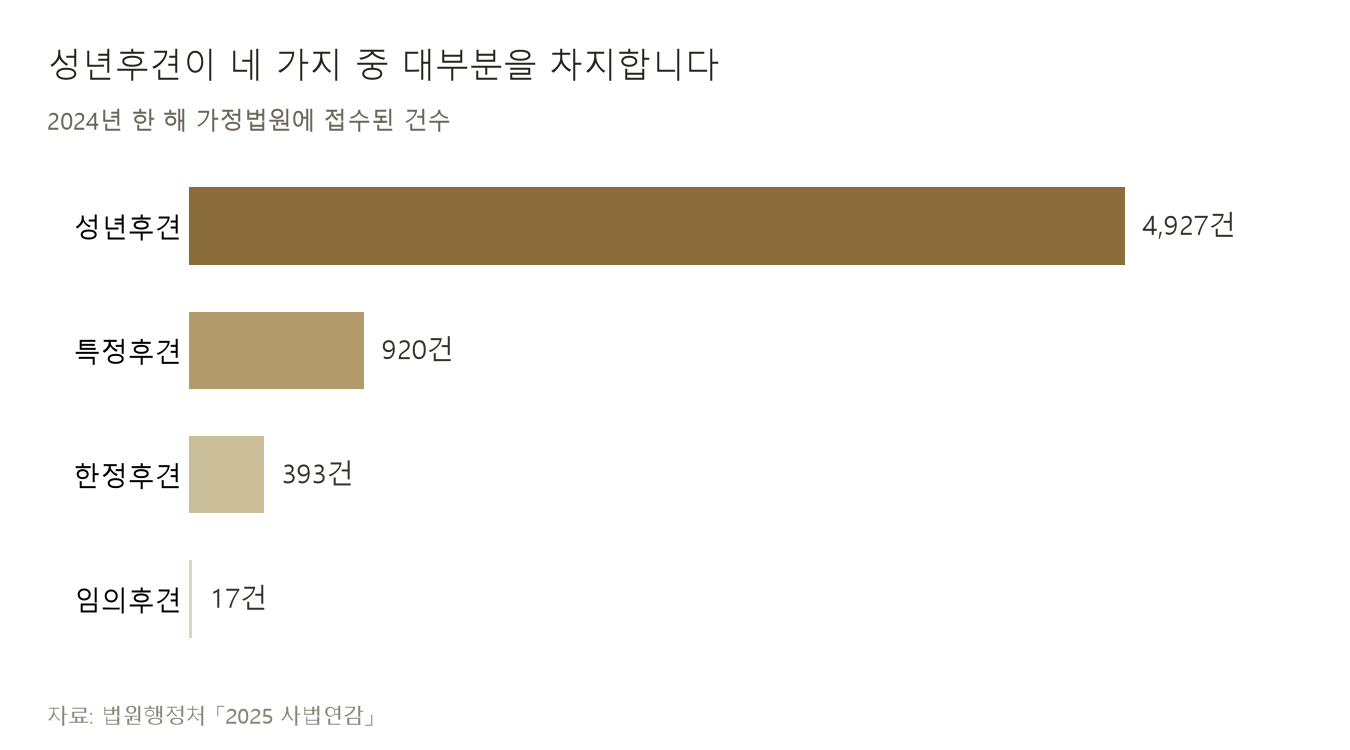성년후견 개시 신청이 네 가지 중 대부분을 차지합니다 (자료: 법원행정처 「2025 사법연감」, 2024년 접수 기준)