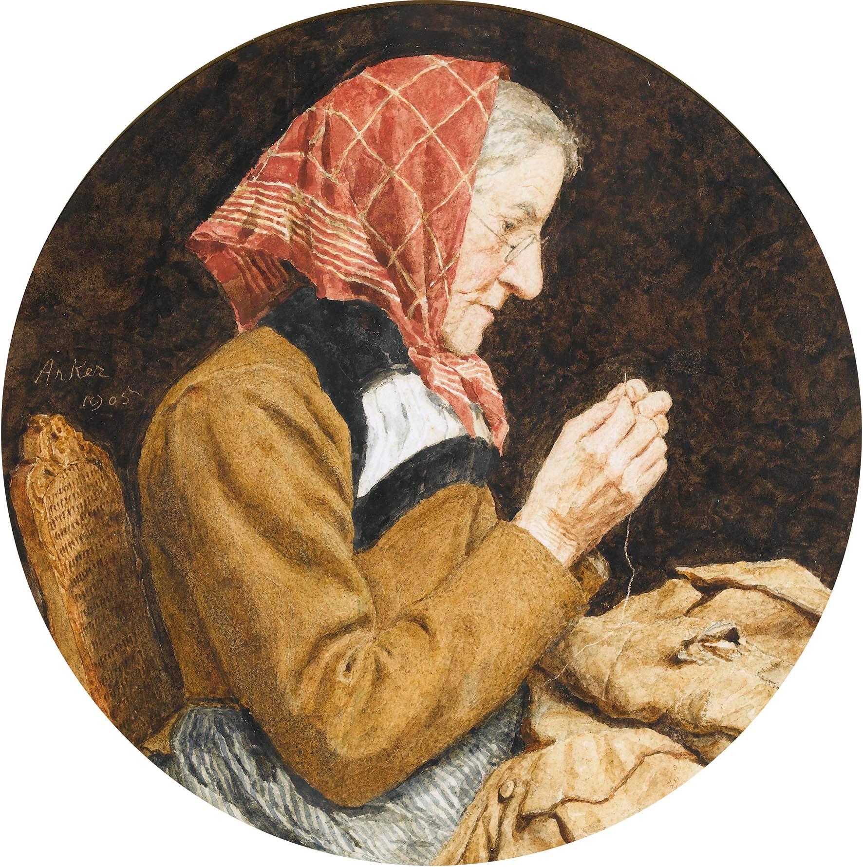 알베르트 앙커가 1905년에 그린, 앉아서 옷을 깁는 할머니입니다 (그림: 알베르트 앙커, 퍼블릭 도메인, 위키미디어 공용)