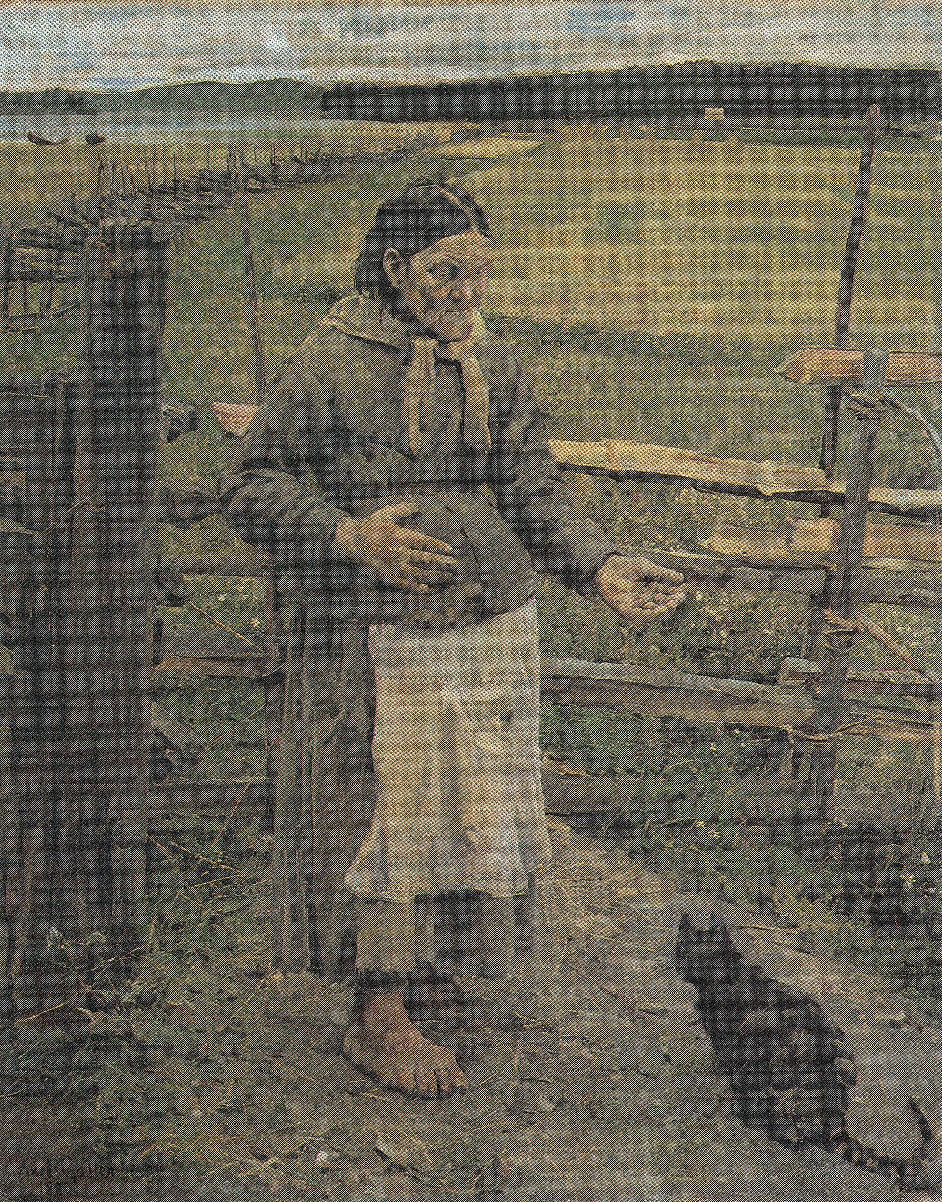 악셀리 갈렌칼렐라가 1885년에 그린 「고양이와 노파」입니다. 한 손으로는 품에 든 것을 감싸고, 다른 손은 고양이에게 내밀고 있습니다 (그림: 악셀리 갈렌칼렐라, 퍼블릭 도메인, 위키미디어 공용)