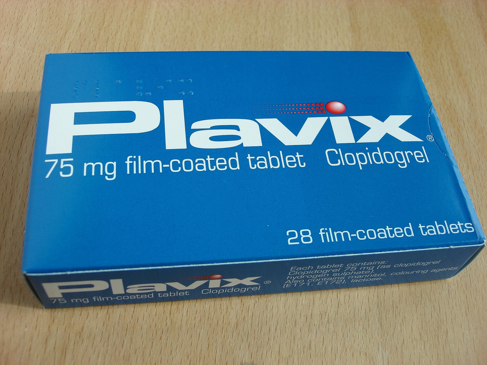 클로피도그렐 75mg 약 상자입니다. 스텐트 시술이나 뇌경색 뒤에 혈전을 막으려고 많이 드십니다 (사진: Trounce, CC BY-SA 2.5, 위키미디어 공용)
