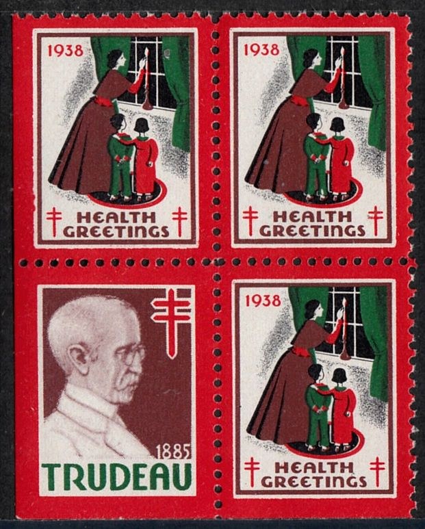 1938년 미국 결핵 기금 크리스마스 씰입니다. 아래 왼쪽에 트루도의 얼굴이 있습니다 (1938년, 퍼블릭 도메인, 위키미디어 공용)