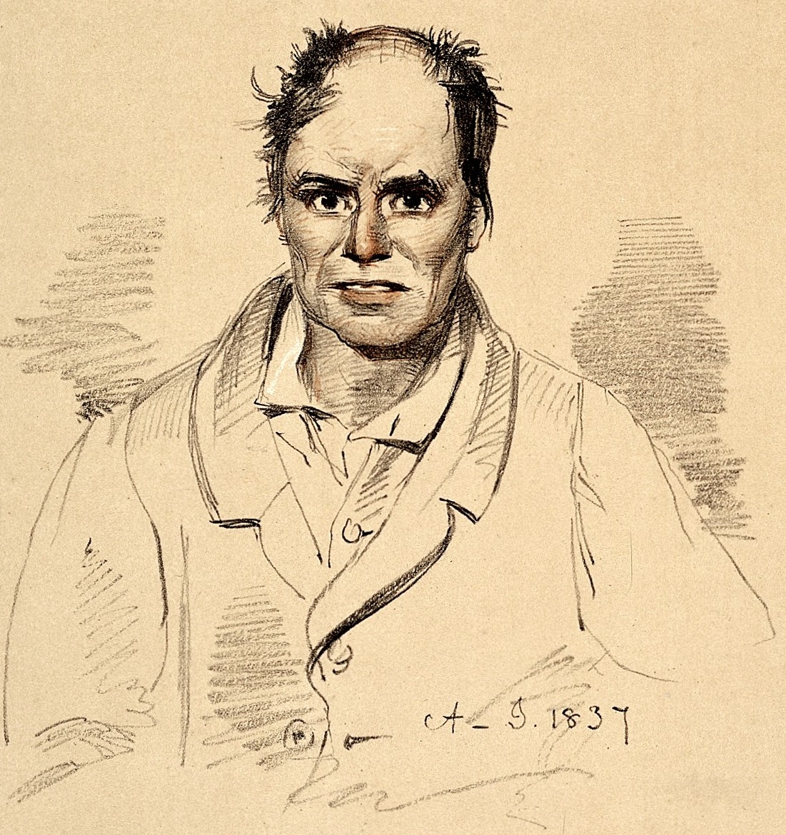 우울증으로 진단받은 남성을 그린 그림입니다. 그림 아래쪽에 1837년이라고 적혀 있습니다. 얼굴만으로는 무엇이 있는지 알기 어렵습니다 (그림: 웰컴 컬렉션, CC BY 4.0, 위키미디어 공용)