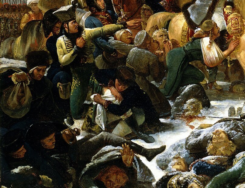 1807년 아일라우 전투를 그린 앙투안 장 그로의 그림 가운데 왼쪽 아래 부분입니다. 눈 위에서 군의관들이 부상병을 돌보고 있습니다. 그림 속 군의관은 라레가 아니라 대육군 군의감 페르시로 알려져 있습니다. 라레는 이 전투에서 12시간 안에 근위대 중상자를 모두 수술했다고 적었습니다