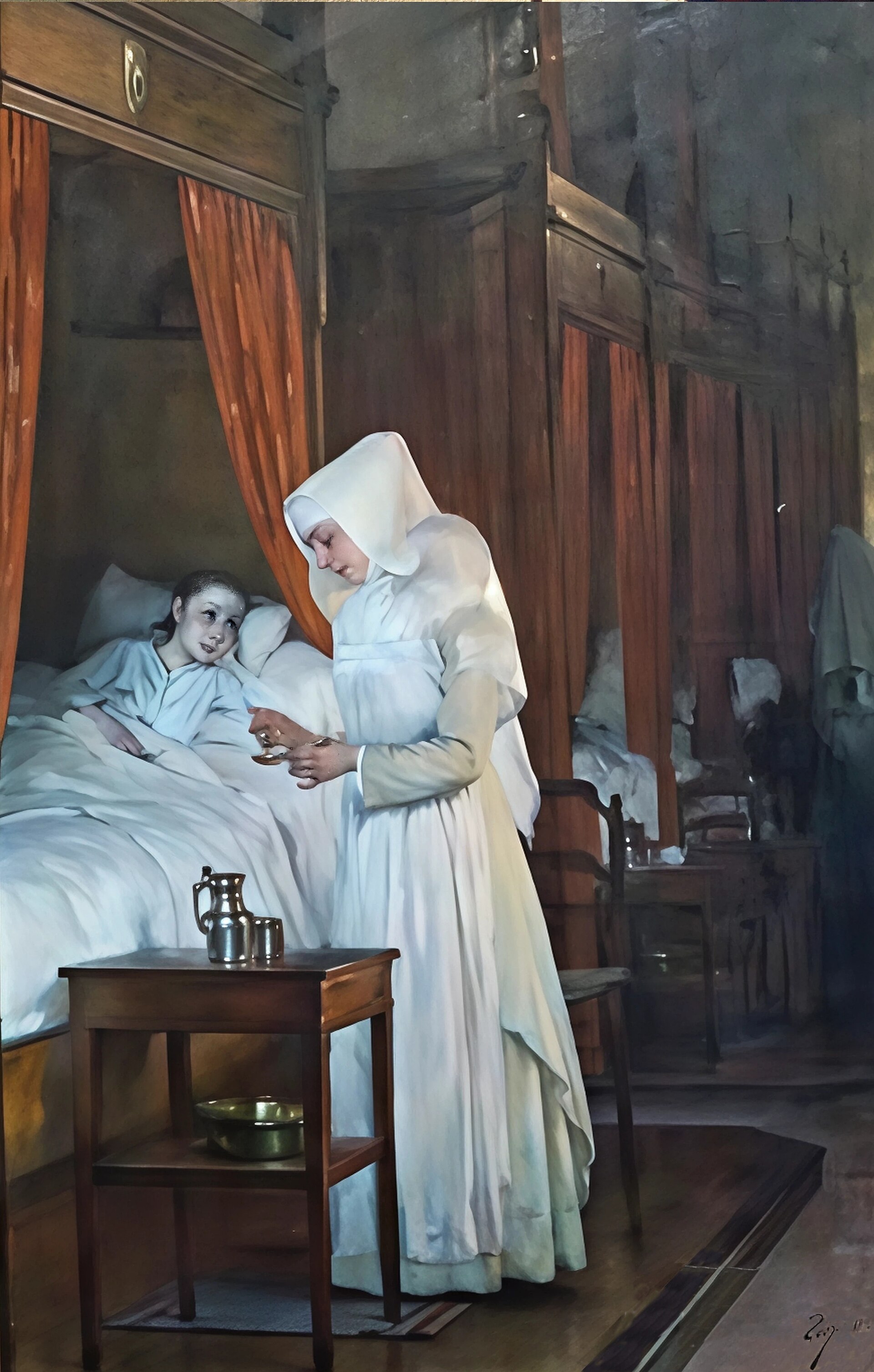 오텔디외의 침대 곁에서 어린 환자를 돌보는 간호 수녀. 장 조프루아가 그린 「회복기 환자」입니다 (사진: Pierre André Leclercq, 퍼블릭 도메인, 위키미디어 공용)