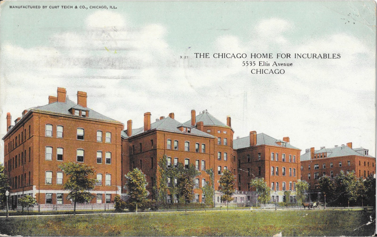 1909년 무렵의 시카고 불치병자의 집(Chicago Home for Incurables) 엽서입니다. 1886년에 세워져 1950년대 말에 문을 닫았고, 여기 계시던 어르신들이 다른 곳으로 옮겨진 뒤에 어떻게 되었는지가 기록으로 남았습니다 (그림: Curt Teich & Co., 퍼블릭 도메인, 위키미디어 공용)