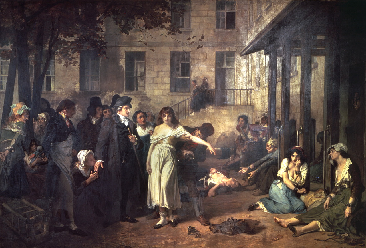 토니 로베르플뢰리가 1876년에 그린 「살페트리에르의 피넬」입니다. 그림이 묘사하는 사건보다 팔십 년쯤 뒤에 그려졌습니다 (위키미디어 공용, 퍼블릭 도메인)